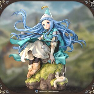 Richeh 1:7 Scale Figure from Witch Hat Atelier seated on a moss-covered rock with a Brushbuddy companion
