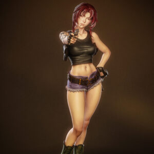 Revy Black Lagoon 1:6 scale figure with dual pistols cropped tank top cutoff shorts and detailed dock base