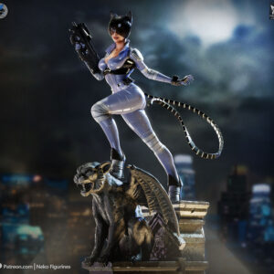 Absolute Catwoman 1:8 Scale Figure from DC Comics displayed on a gothic gargoyle rooftop base