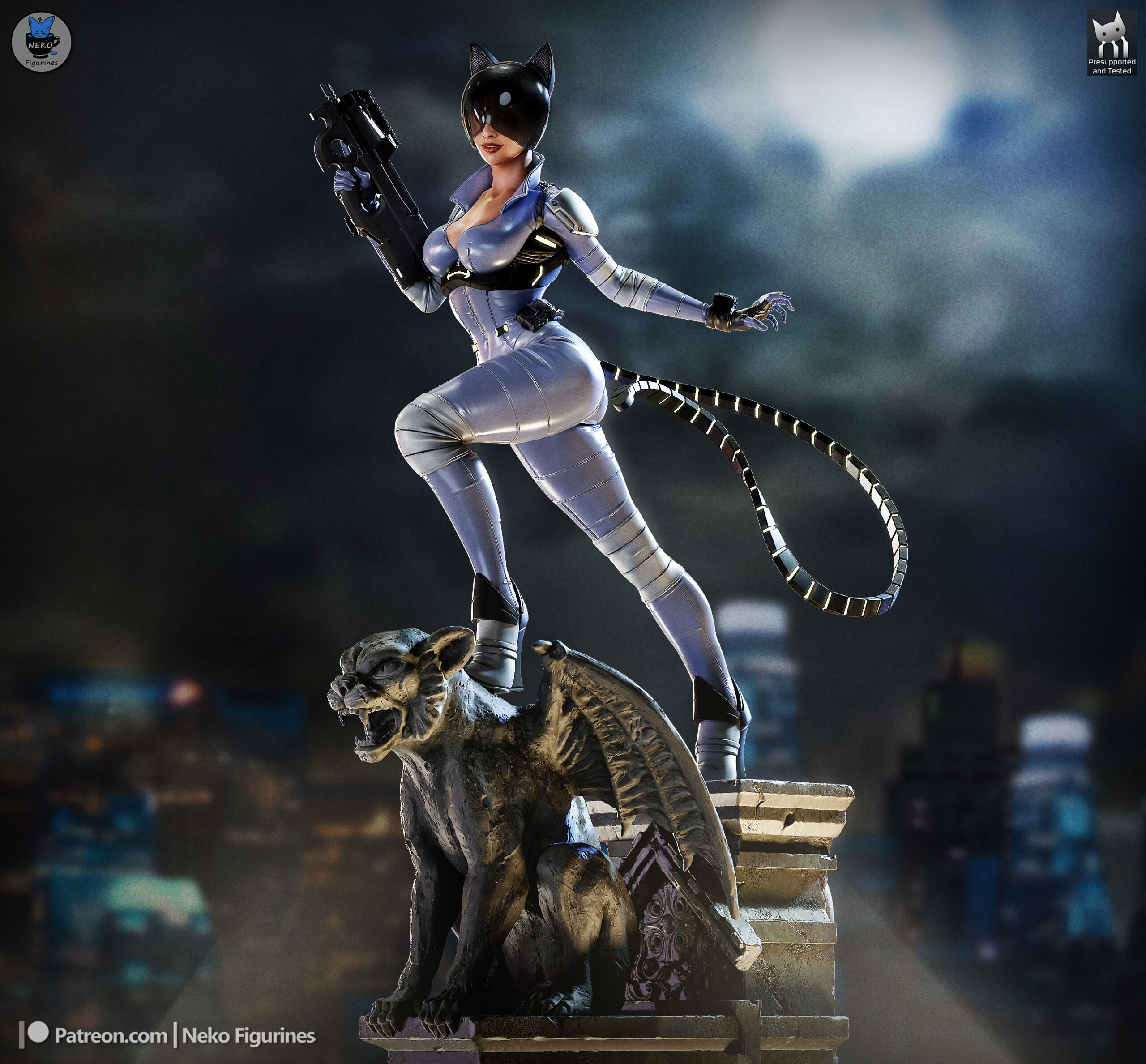 Absolute Catwoman 1:8 Scale Figure from DC Comics displayed on a gothic gargoyle rooftop base
