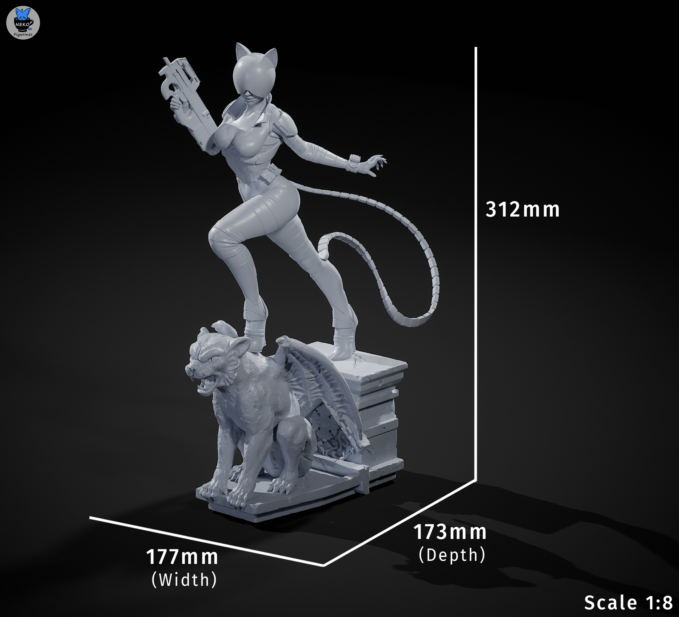 Absolute Catwoman 1:8 Scale Figure masked configuration with cat helmet and dimensions