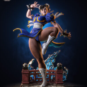 Chun-Li Street Fighter 1:6 scale figure in a dynamic kicking pose with blue qipao and detailed water effect display base