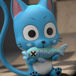 Happy Fairy Tail 1:12 scale figure holding a fish with green backpack and black display base