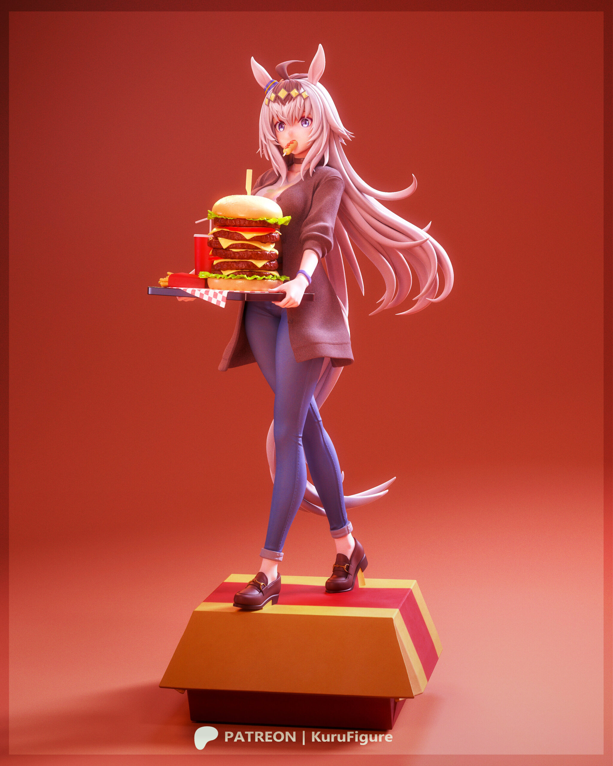Oguri Cap Umamusume 1:7 Scale Figure front view carrying a towering tray of burgers, fries, and a drink