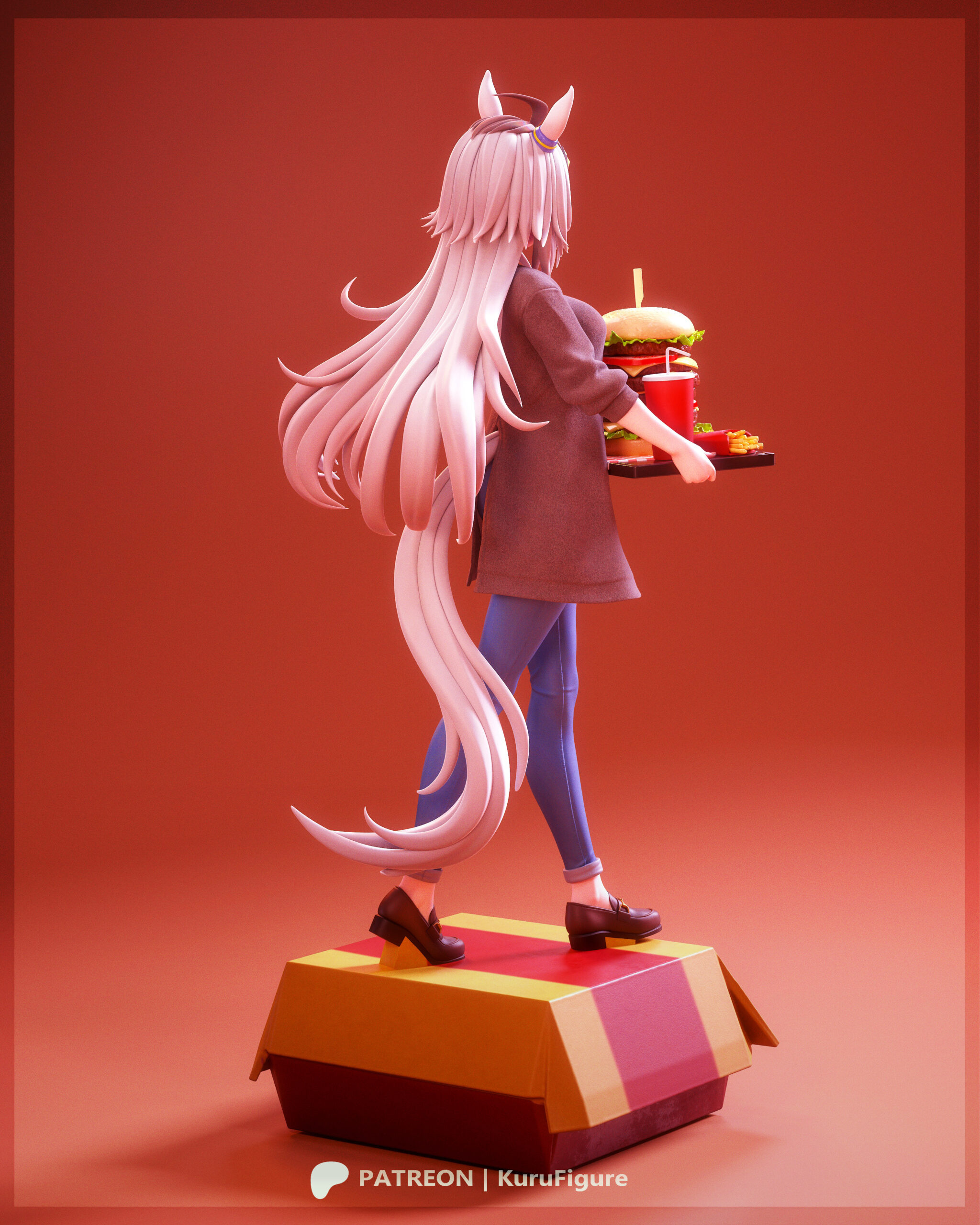 Oguri Cap 1:7 Scale Figure rear view showing her long flowing hair, tail, casual outfit, food tray, and display base