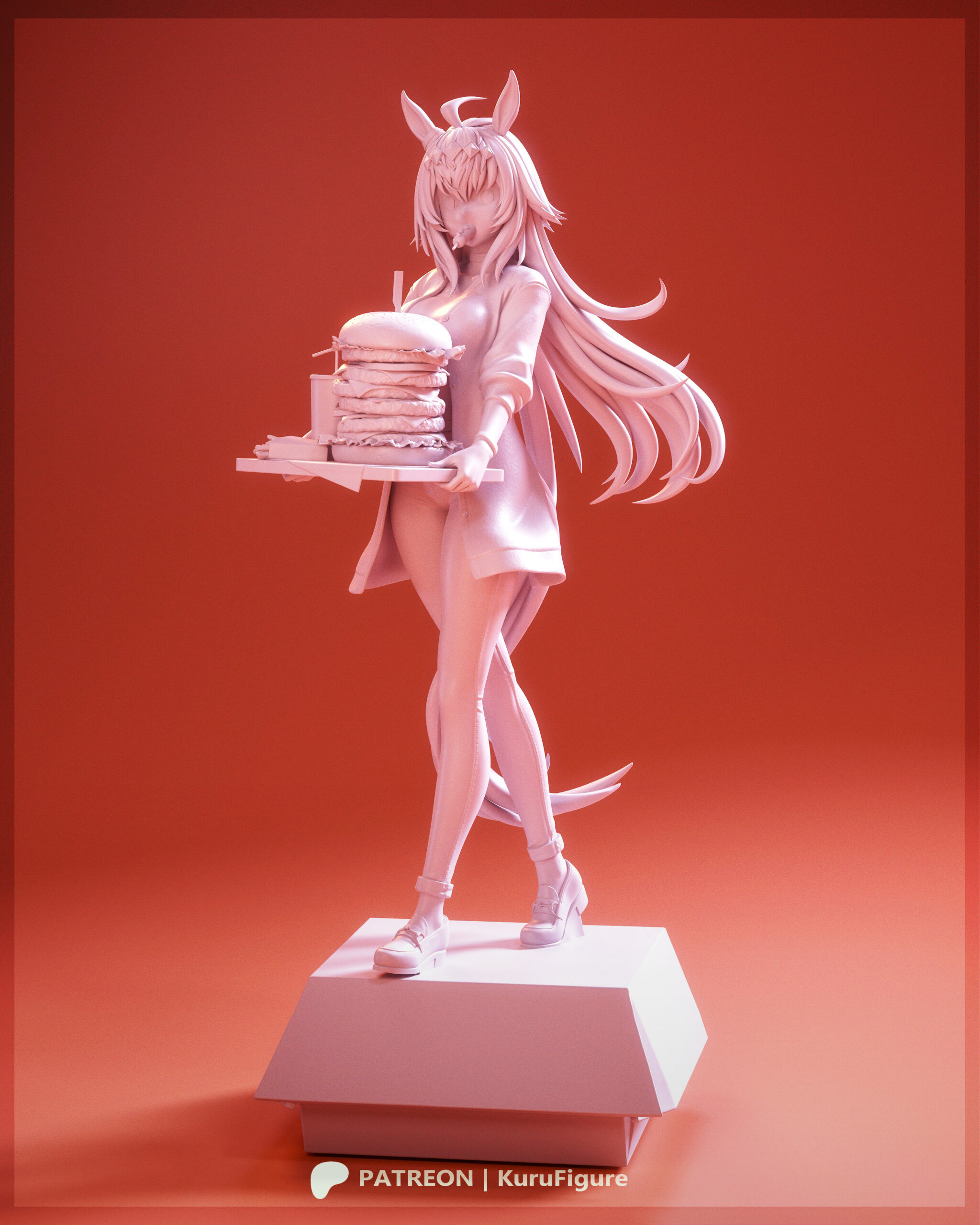 Oguri Cap 1:7 Scale Figure sculpt showing her casual outfit, horse ears, flowing hair, stacked burgers, fries, and fast food display base