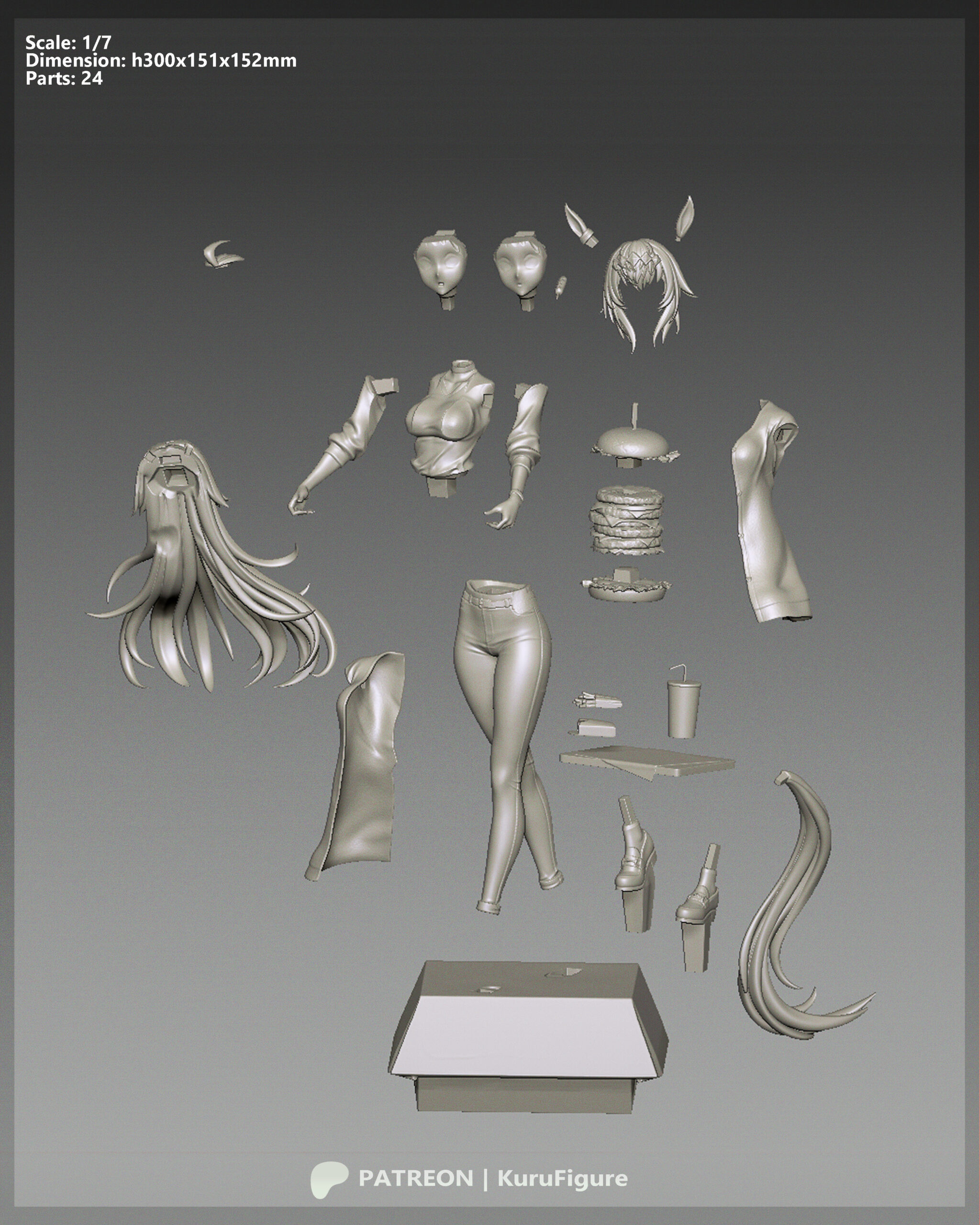 Oguri Cap Umamusume 1:7 Scale Figure 24-piece component layout with alternate face, hair, food, tray, clothing, and base