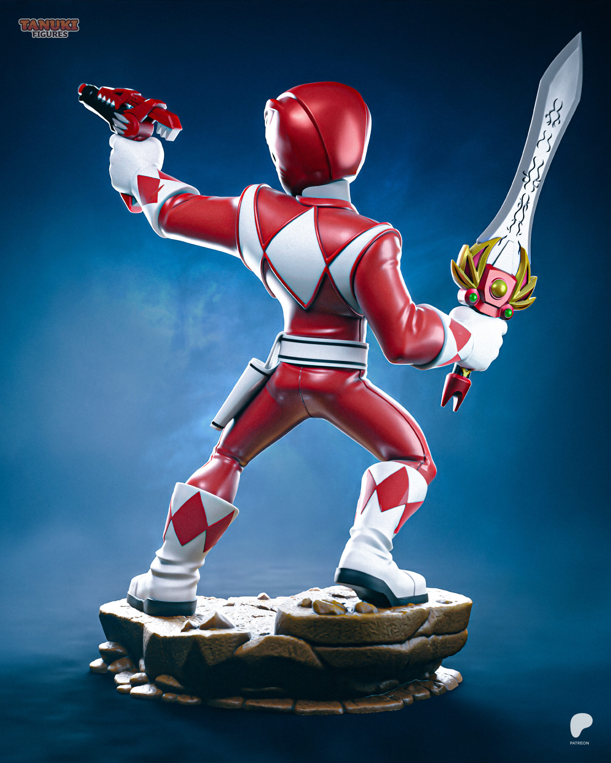 Toon Red Ranger Power Rangers 1:12 scale figure rear view with Power Sword, Blade Blaster and rocky display base