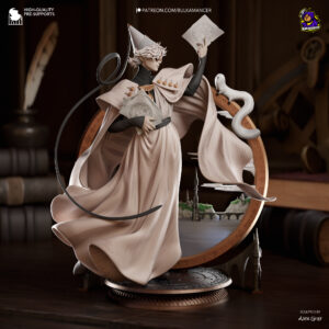 Qifrey Witch Hat Atelier 1:8 Scale Figure painted reference showing his robes, magical books, familiar, rune circle, and fantasy diorama