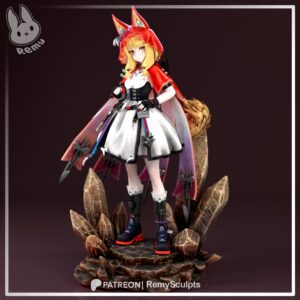 Rossi Arknights 1:7 scale figure front view with red hood, fox tail, white dress and crystalline display base