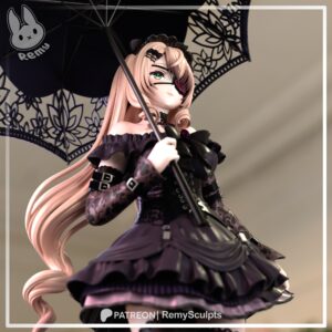 Nightmare Nimi Goth 1:7 scale VTuber figure close-up showing gothic dress, eyepatch and lace parasol