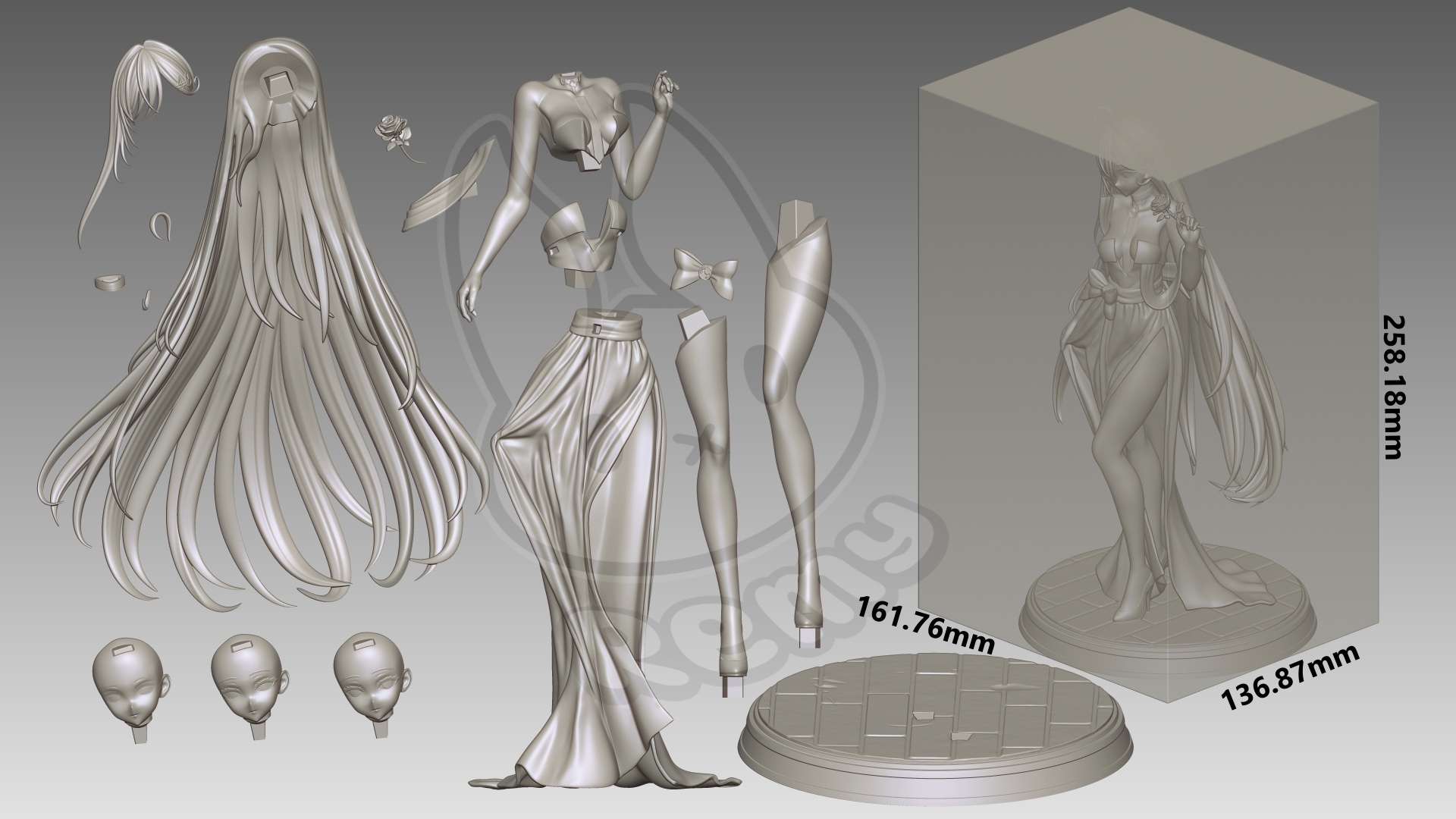 Yuki Sorimachi SHIBOYUGI 1:7 scale figure parts and dimensions showing 258.18mm complete display height