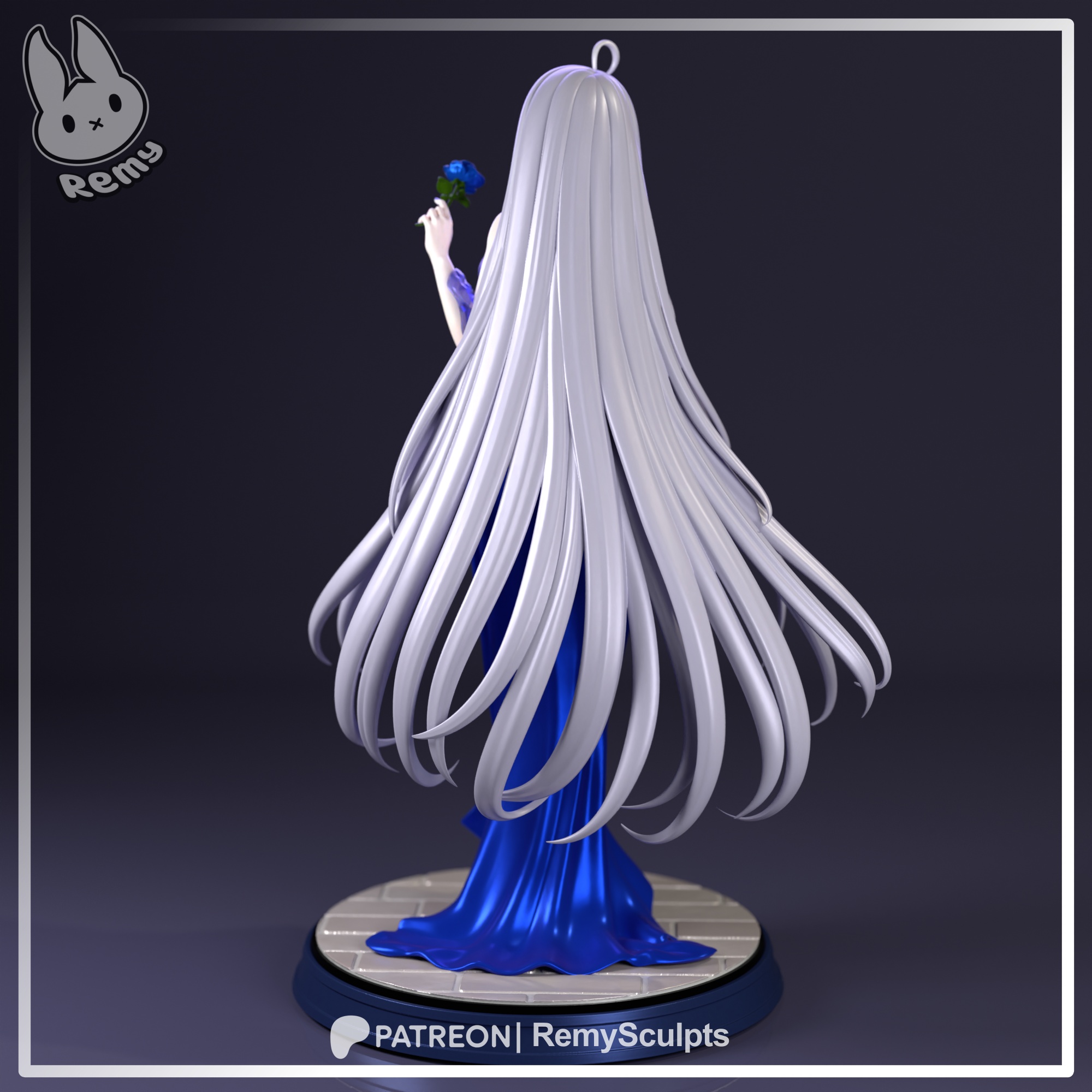 Yuki Sorimachi SHIBOYUGI figure rear view showing her extremely long flowing silver-white hair and blue gown