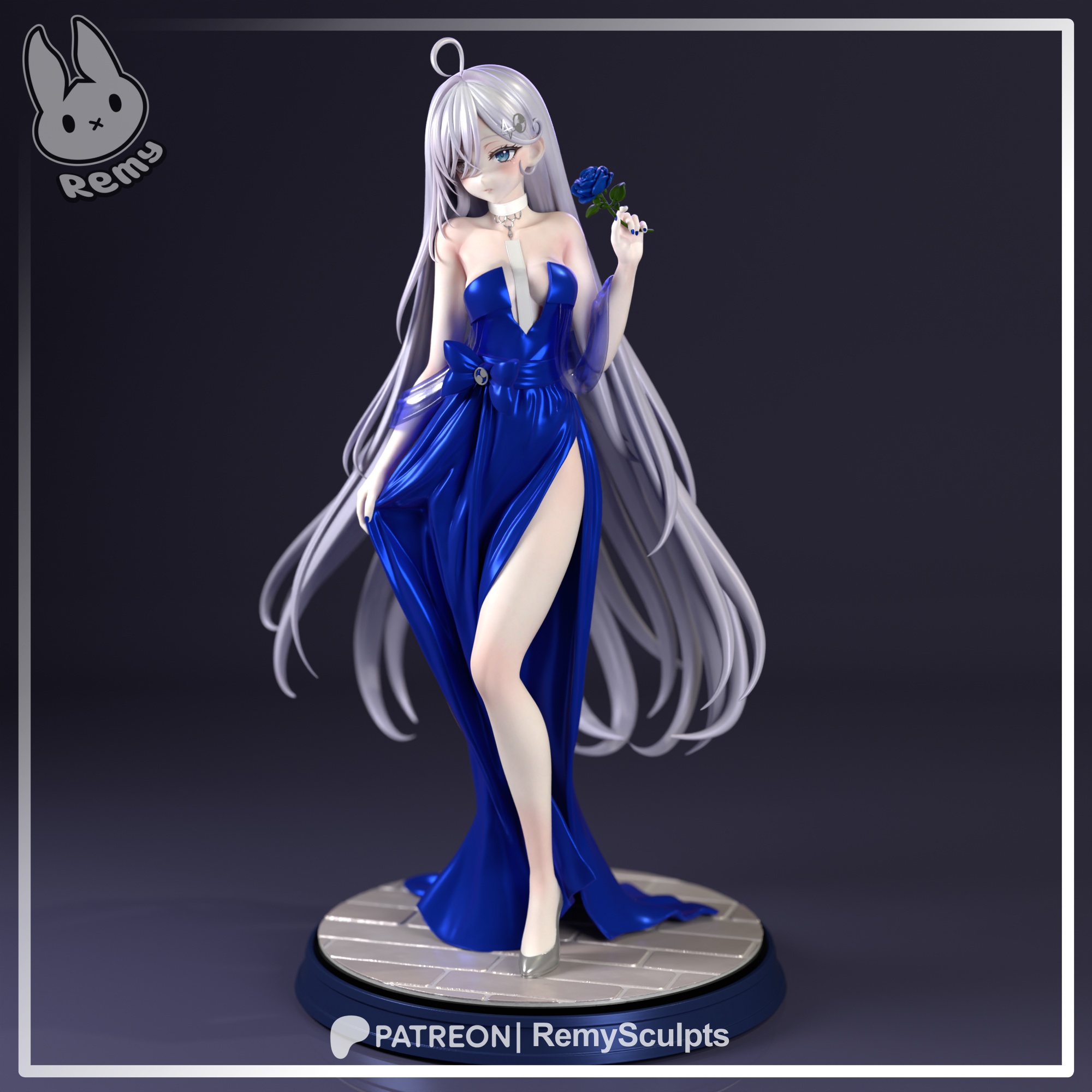 Yuki Sorimachi SHIBOYUGI 1:7 scale figure front view with blue gown, silver-white hair and blue rose