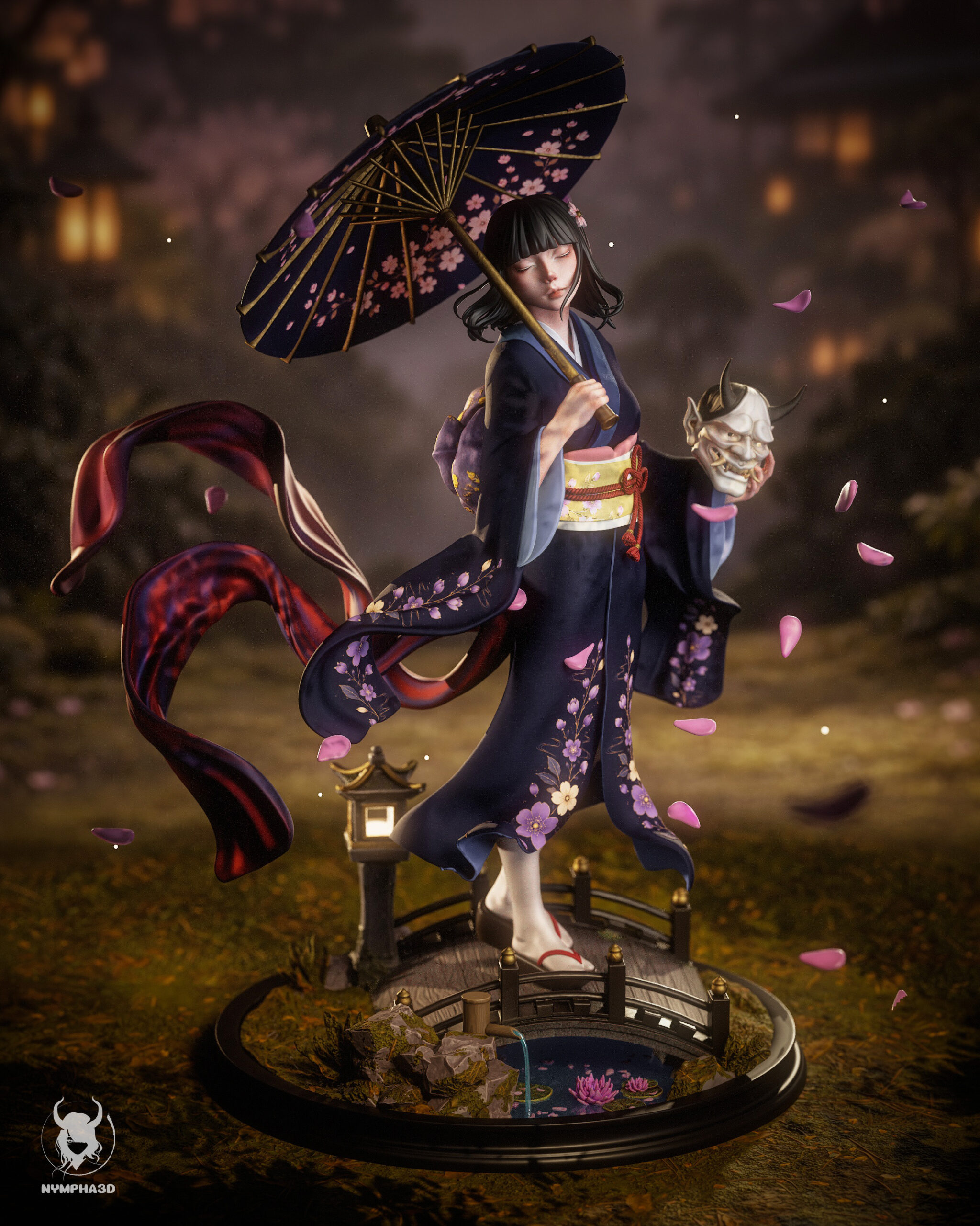 Hannya Maiden 1:6 scale figure by Nympha3D with Hannya mask parasol kimono and Japanese garden display base