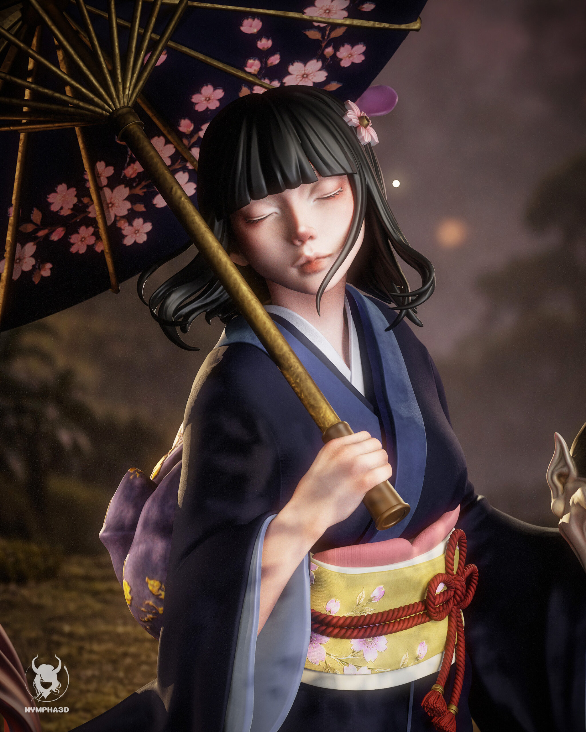 Hannya Maiden 1:6 scale figure portrait with floral kimono and Japanese parasol