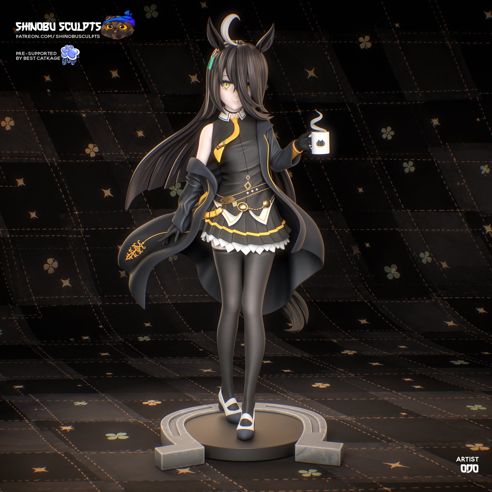 Manhattan Cafe Umamusume figure color reference with black and gold outfit