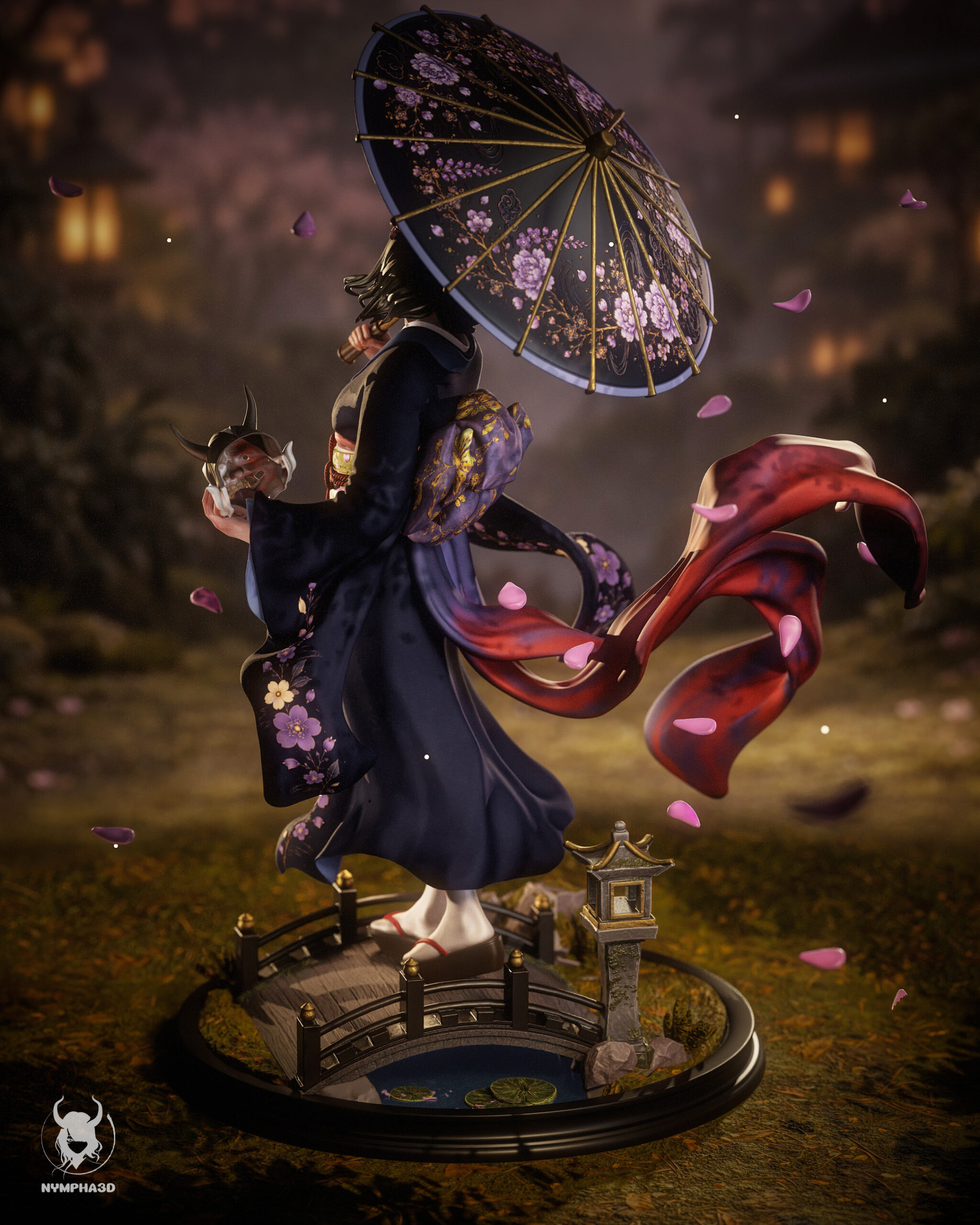 Hannya Maiden 1:6 scale figure rear view with flowing kimono floral parasol and Japanese garden bridge