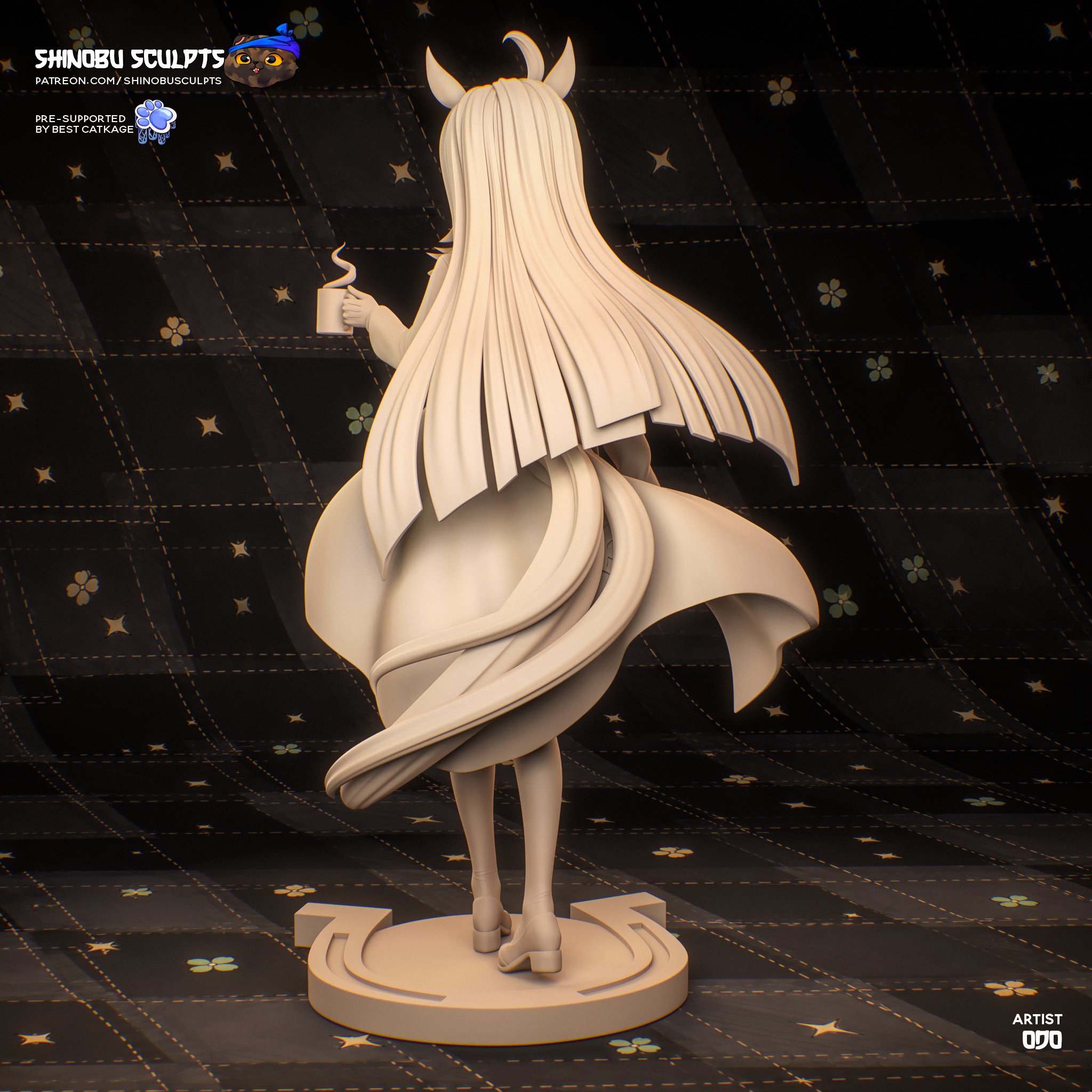 Rear view of Manhattan Cafe Umamusume figure showing long flowing hair and coat