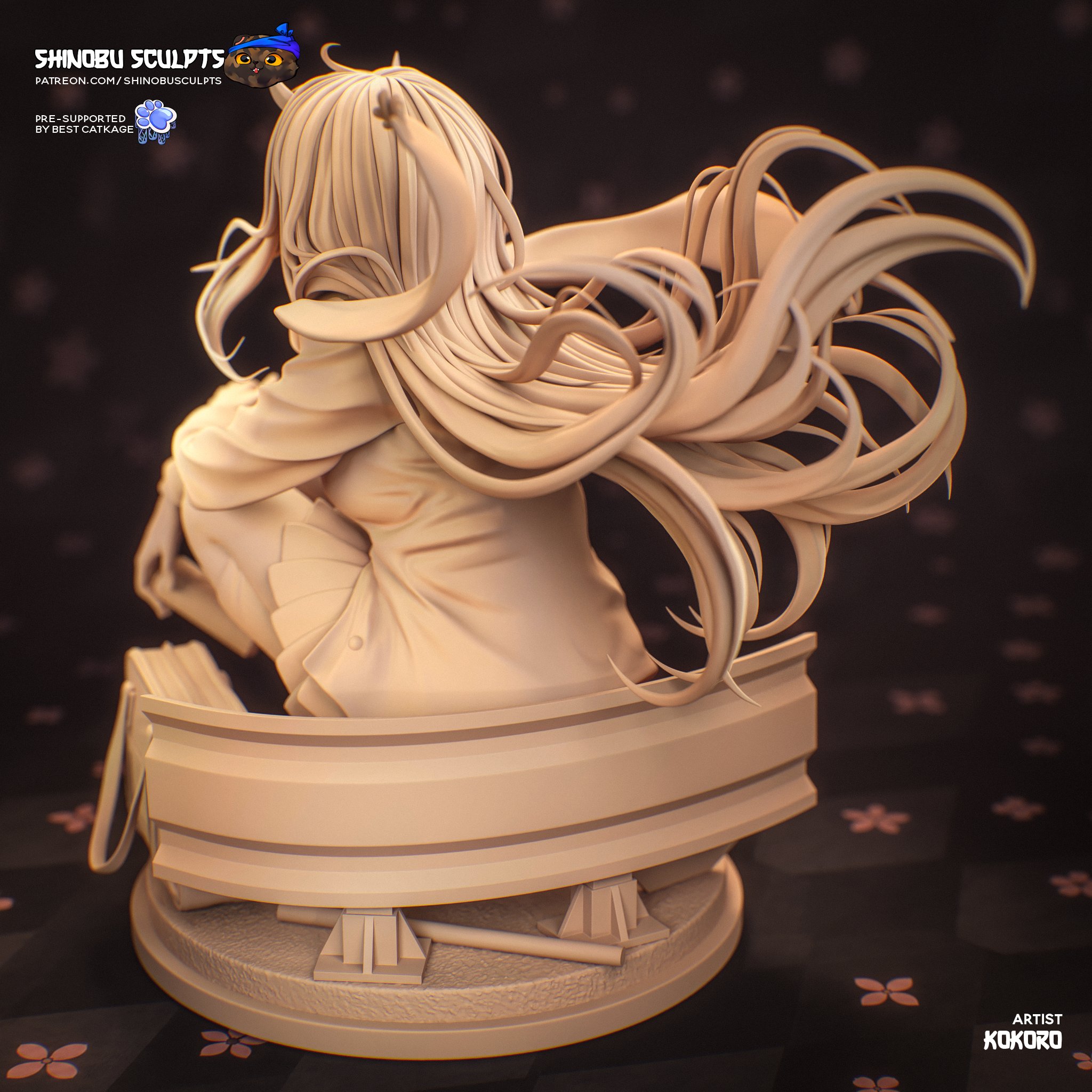 Rear view of Zero Two Darling in the Franxx figure showing flowing hair and urban display base