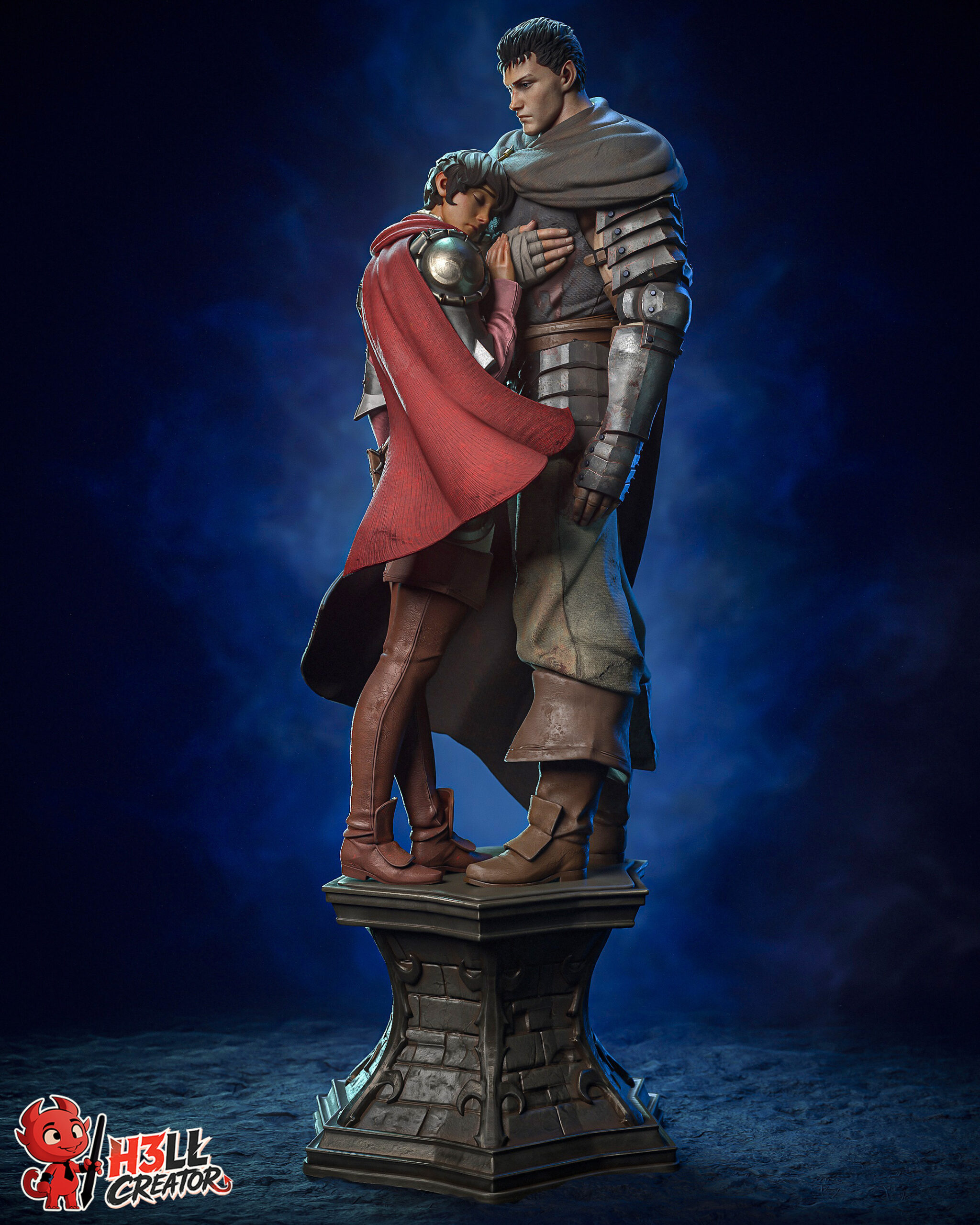 Guts and Casca Berserk 1:8 scale figures together on elevated stone display base
