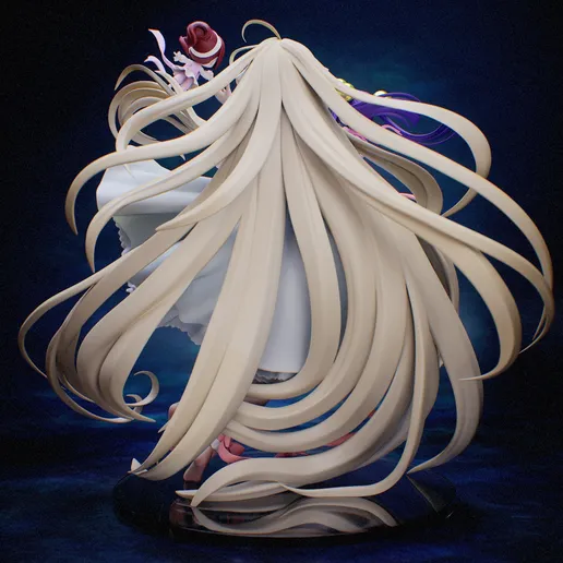 Chii Chobits figure rear view showing the elaborate flowing hair and custom display composition