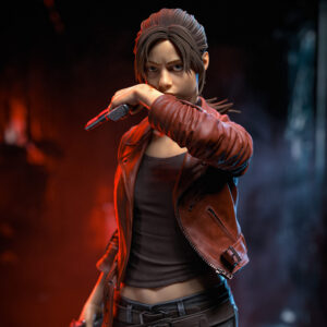 Claire Redfield Resident Evil 1:8 scale figure with red leather jacket dual pistols and ruined Raccoon City base