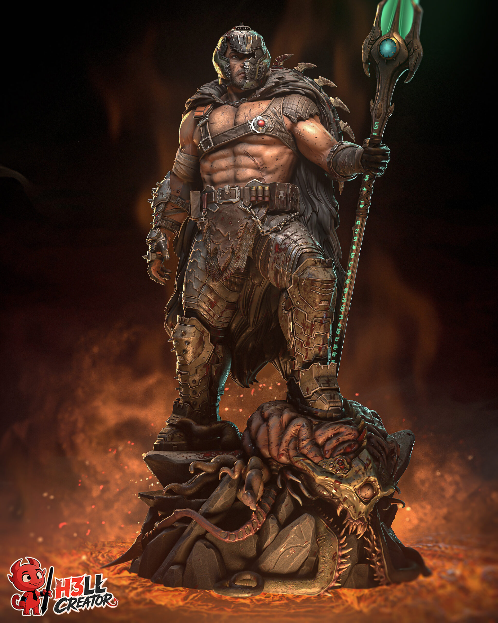 Doom Slayer Doom The Dark Ages 1:8 scale figure with medieval armor polearm shield and demon display base