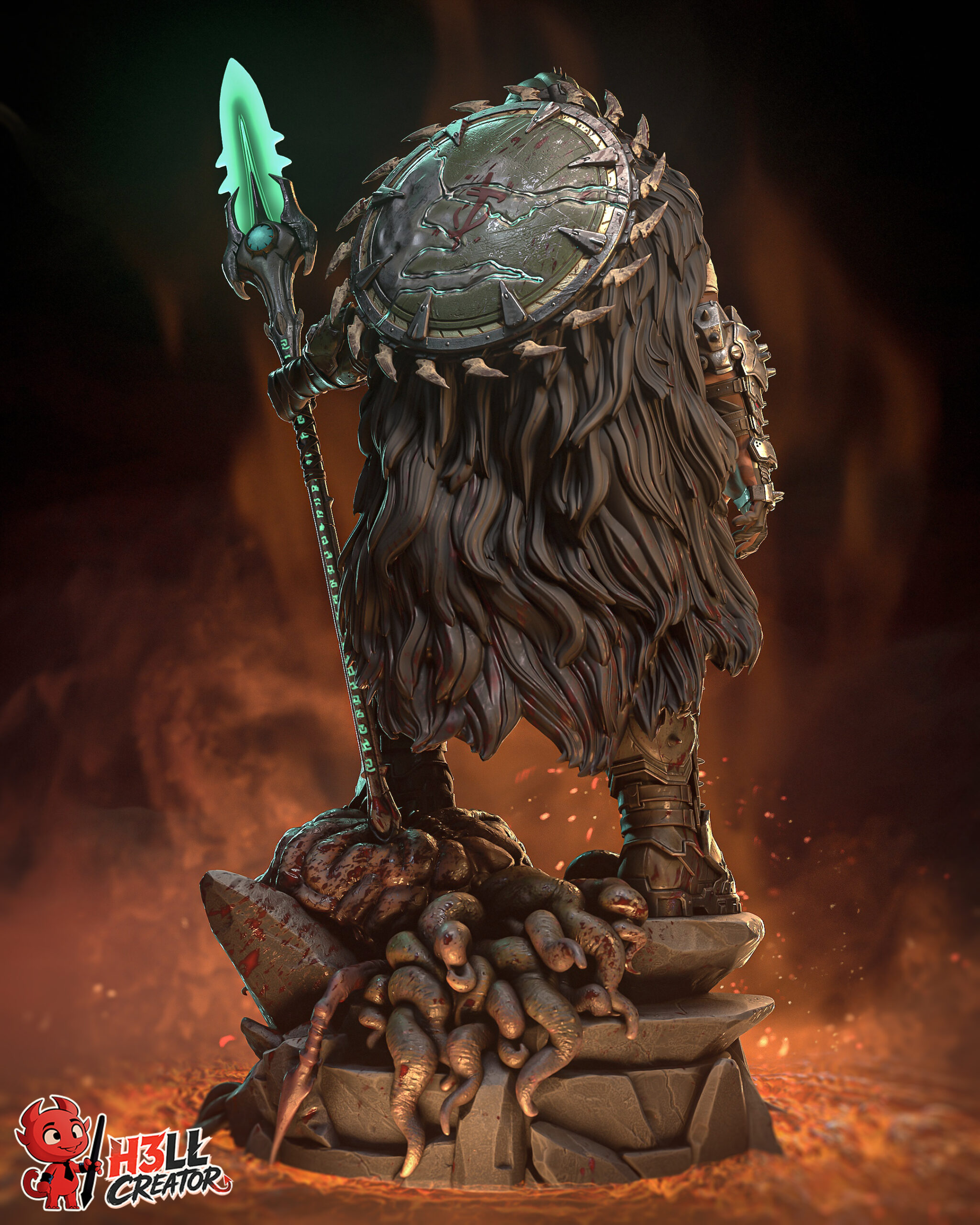 Doom Slayer Doom The Dark Ages figure rear view with fur cloak spiked shield and polearm