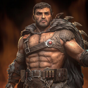 Doom Slayer Doom The Dark Ages unhelmeted portrait with battle scars armor and fur cloak