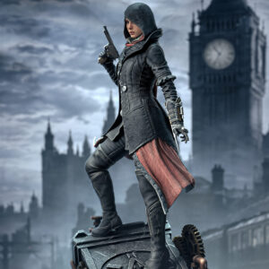 Hooded Evie Frye Assassin's Creed Syndicate figure with detailed Victorian London display base