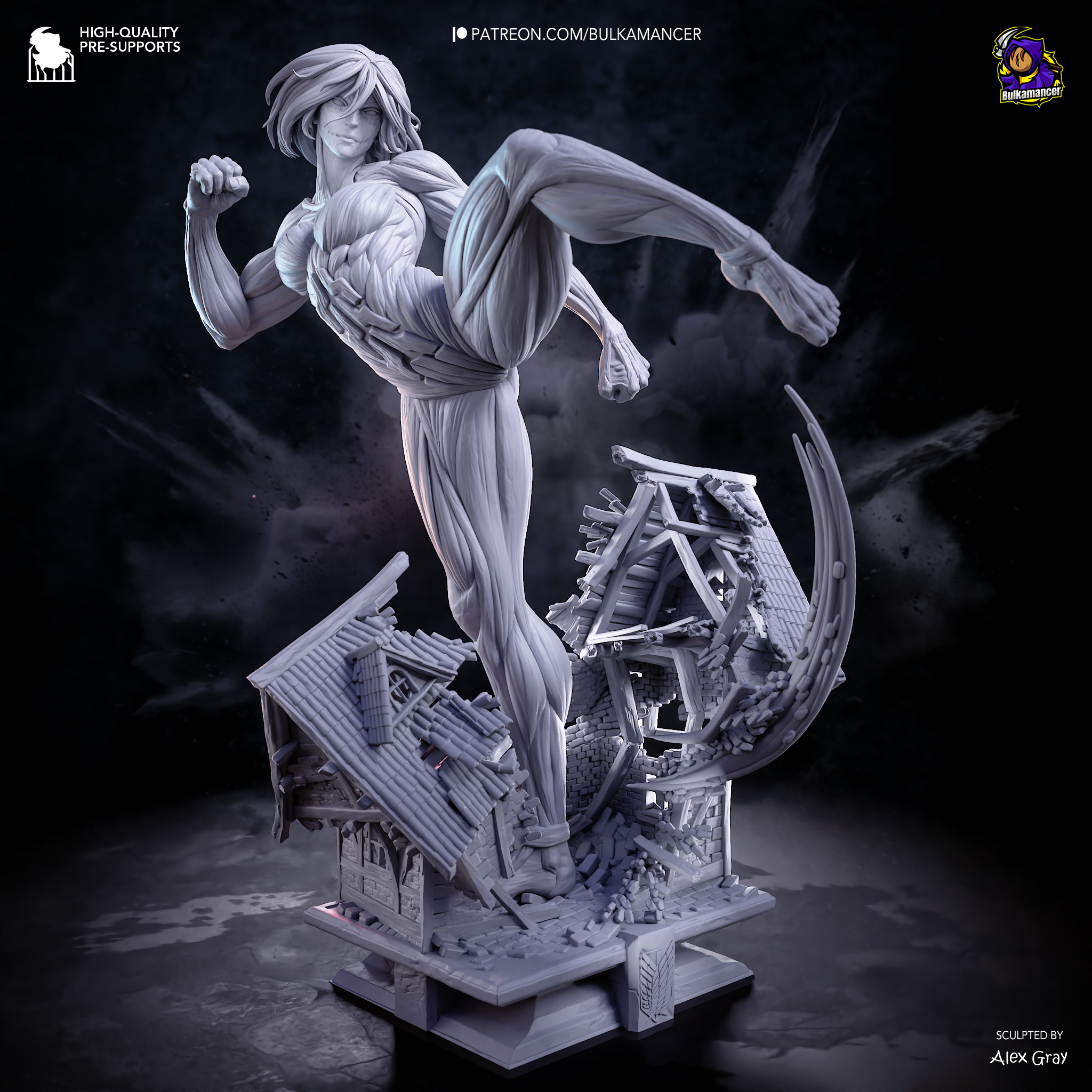 Female Titan Attack on Titan figure front view with destroyed buildings