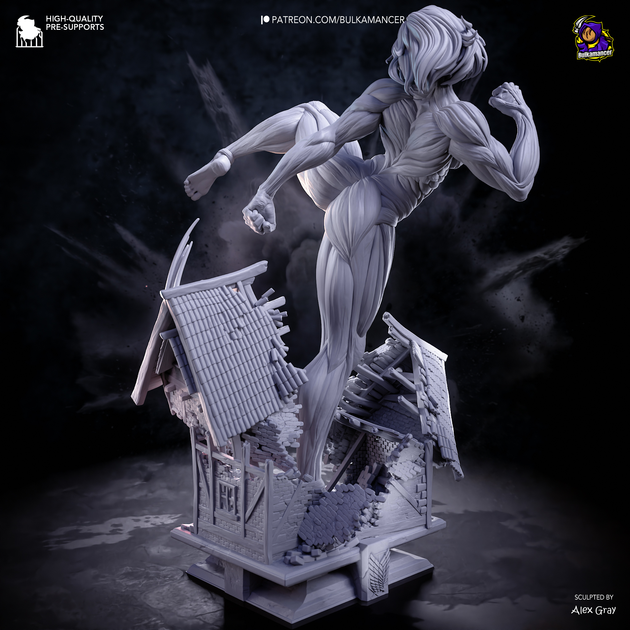 Female Titan Attack on Titan figure rear view with ruined city display