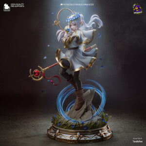 Frieren Beyond Journey’s End figure with white and gold robes blue flowers and magical effects
