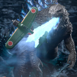 Godzilla 1:250 scale collectible attacking a Japanese fighter aircraft with atomic breath