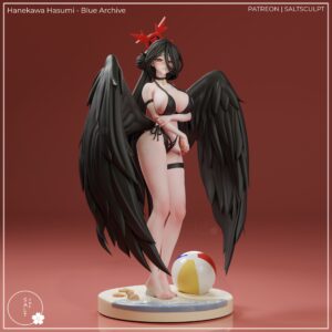 Hanekawa Hasumi Blue Archive 1:7 scale figure front view with black wings, halo, swimsuit and beach display base