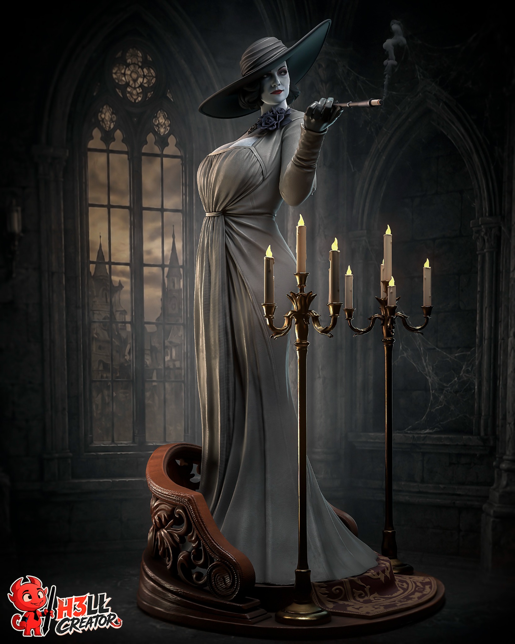 Lady Dimitrescu Resident Evil 1:10 scale figure with cigarette holder and ornate castle display
