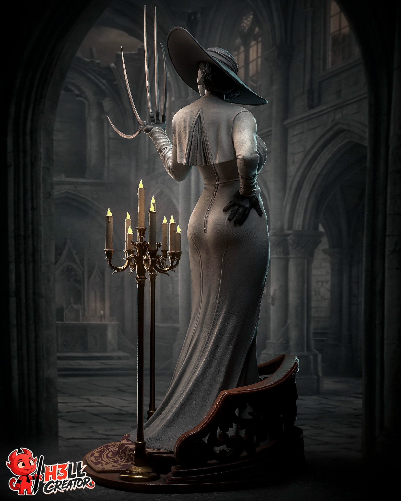 Lady Dimitrescu Resident Evil 1:10 scale figure rear view with gown hat and castle candelabra