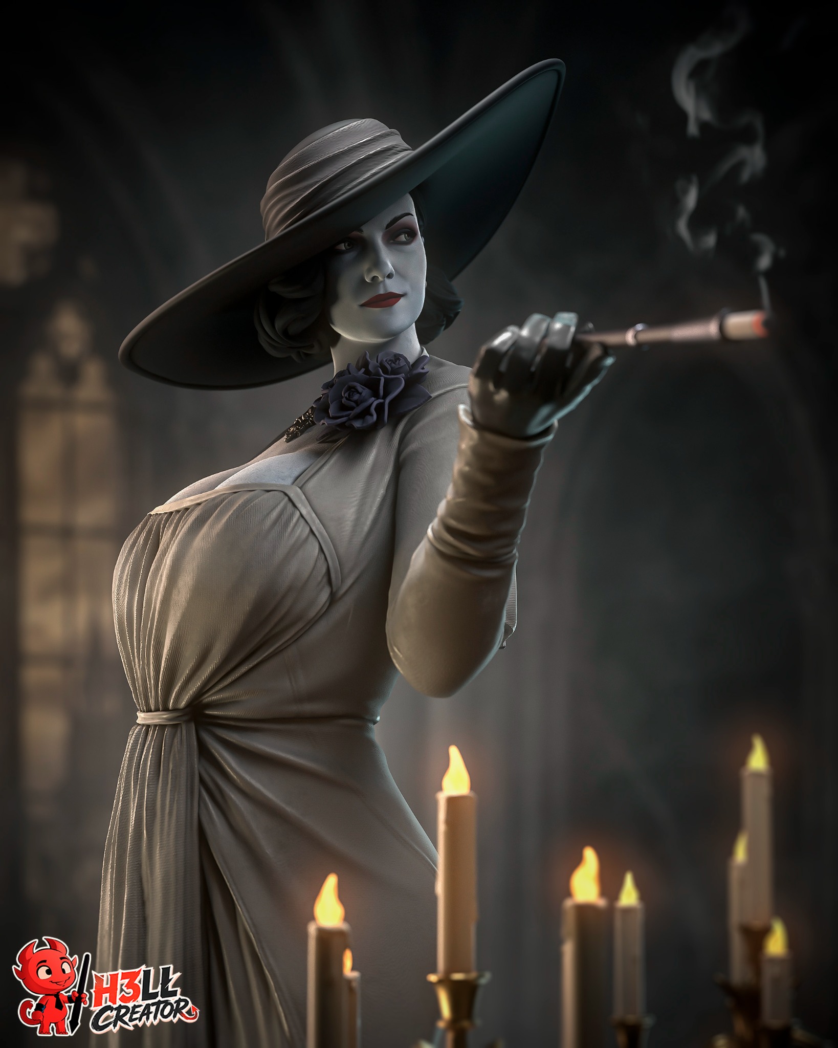 Lady Dimitrescu Resident Evil figure portrait with cigarette holder hat and floral neckpiece