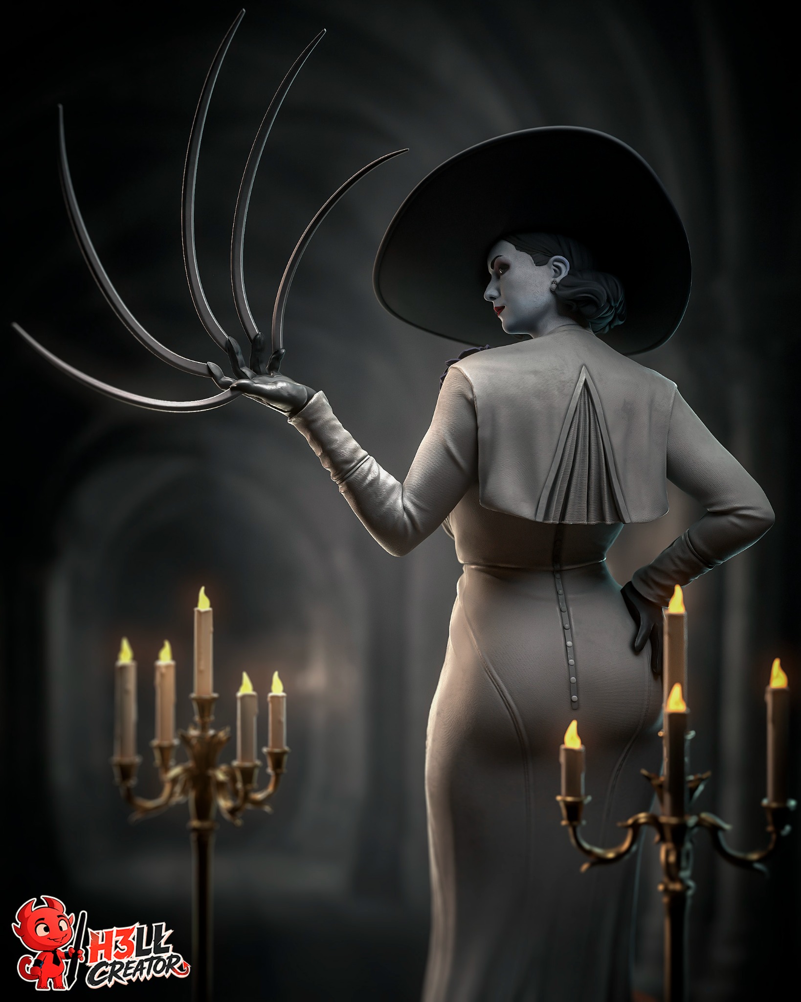 Lady Dimitrescu Resident Evil figure with extended blade claws and wide brim hat