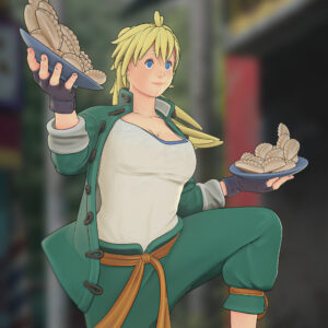 Nikaido Dorohedoro 1:8 scale figure closeup with green outfit and plates of gyoza