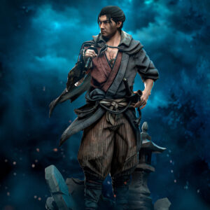 Musashi Onimusha 1:8 scale figure with katana armored gauntlet and Japanese lantern base