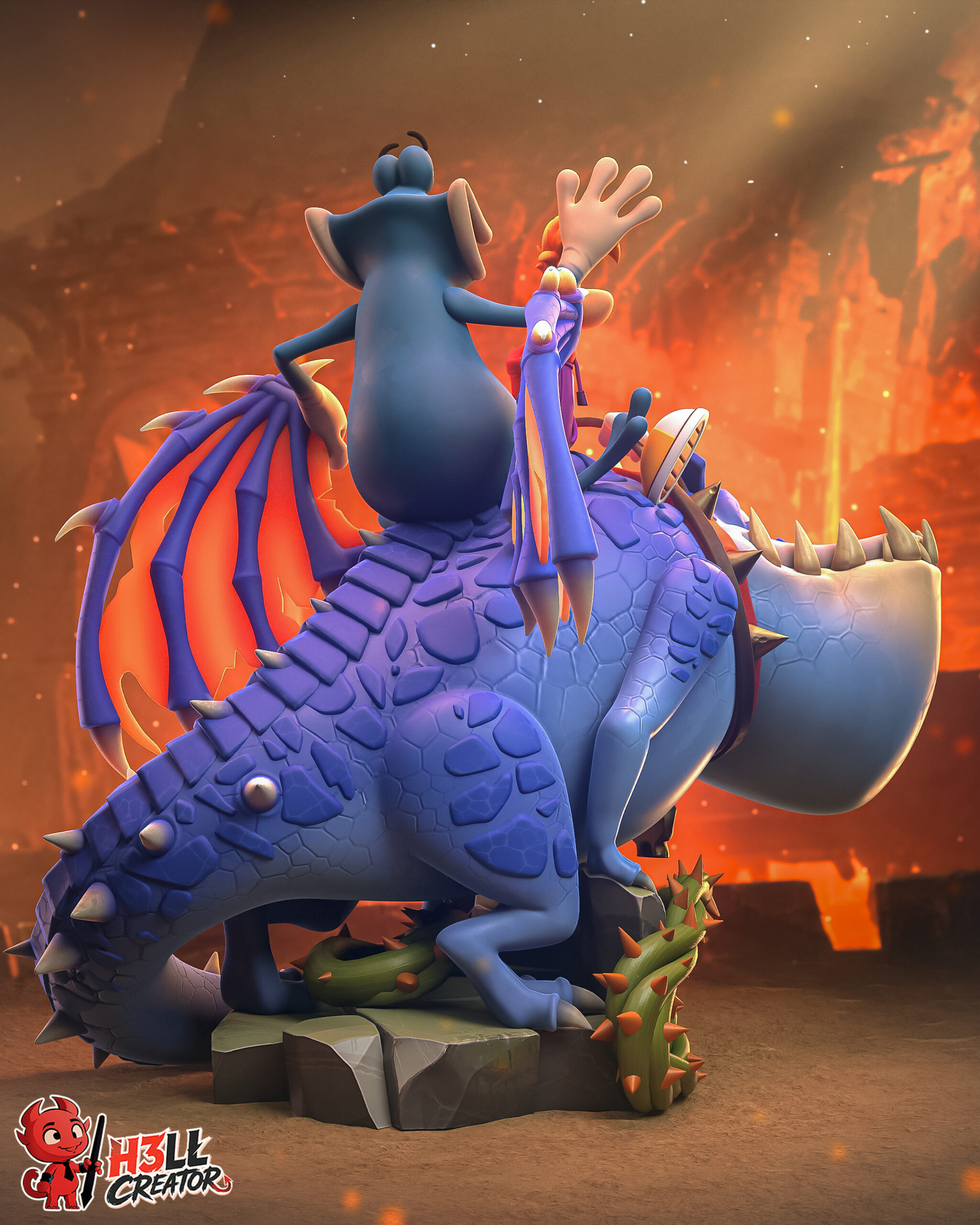 Rear view of Rayman and Globox How to Train Your Dragon figure with dragon wings tail and rocky base