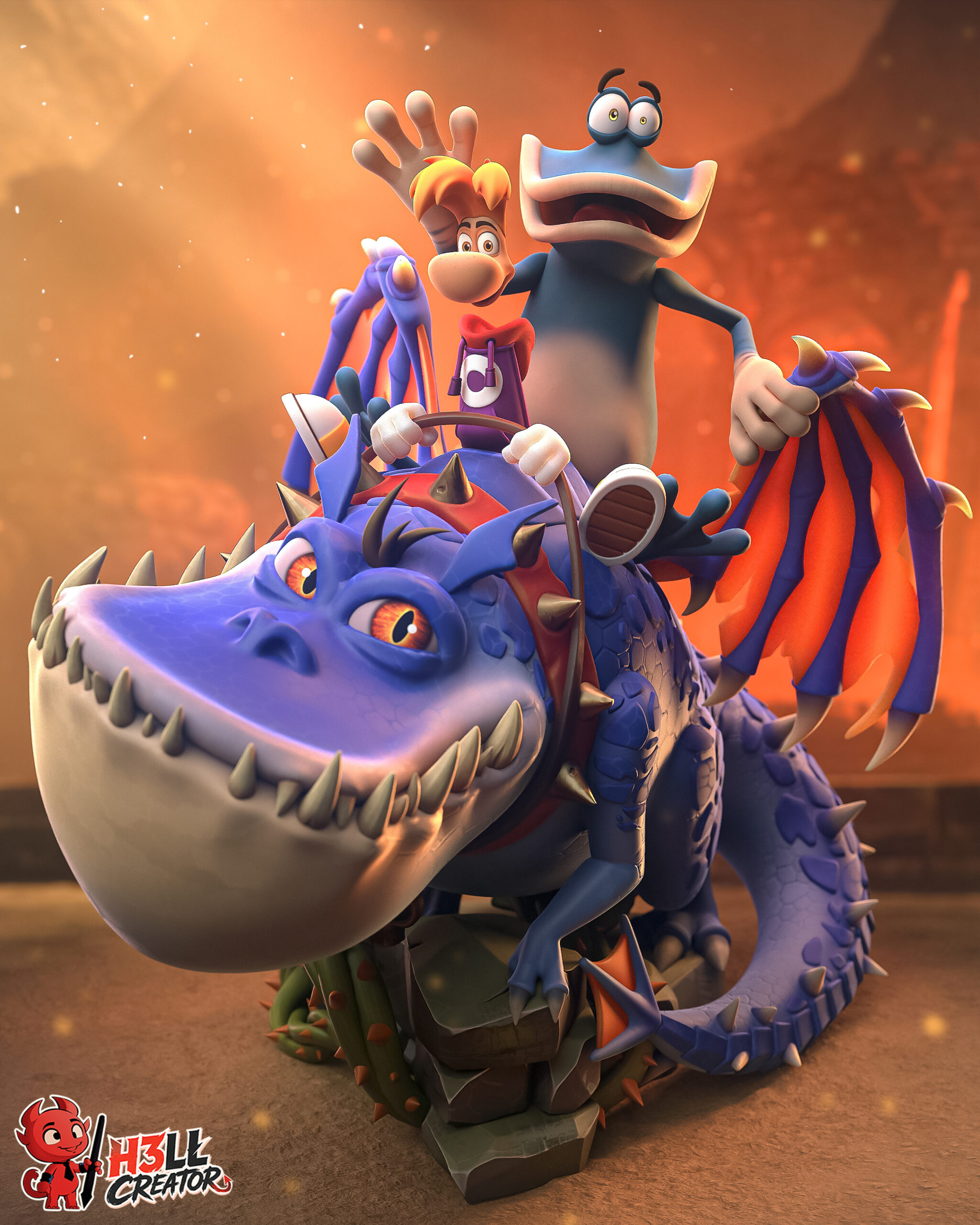 Rayman and Globox riding a dragon in the How to Train Your Dragon 1:8 scale figure by H3ll Creator