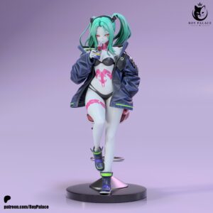 Rebecca Cyberpunk Edgerunners figure front view with futuristic bar stool and drink by Roy Palace