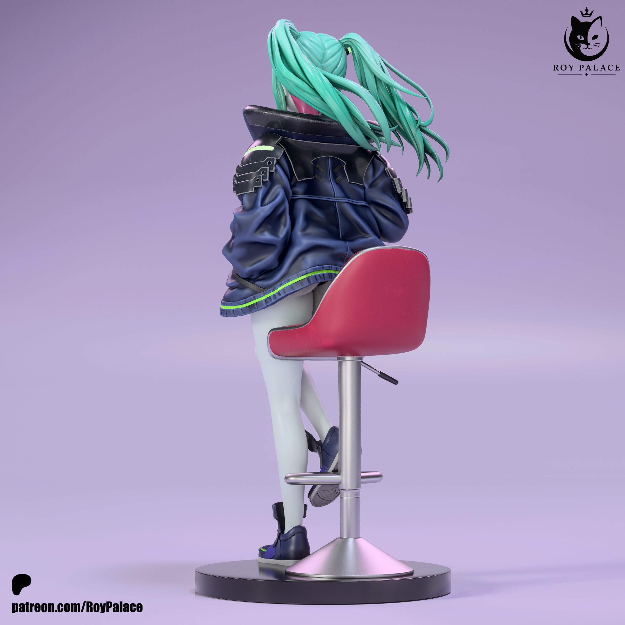 Rebecca Cyberpunk Edgerunners figure rear view with turquoise twin-tail hair jacket and bar stool by Roy Palace