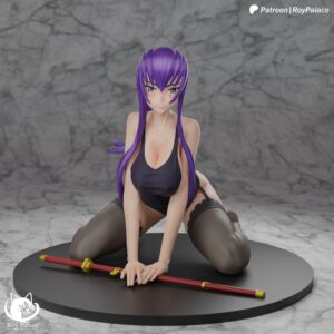 Saeko Busujima 1:7 scale High School of the Dead figure front view with purple hair, katana, and kneeling pose