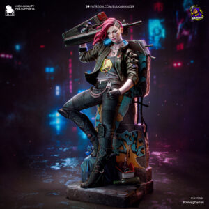 Valerie female V from Cyberpunk 2077 with rifle black streetwear and Night City display base