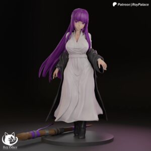 Fern Frieren 1:7 scale figure front view with white dress, dark robe and staff by Roy Palace