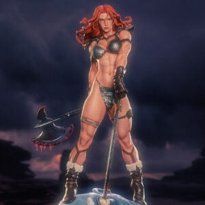 Red Sonja Conan the Barbarian 1:6 scale figure with sword battle axe scale armor and creature trophy base